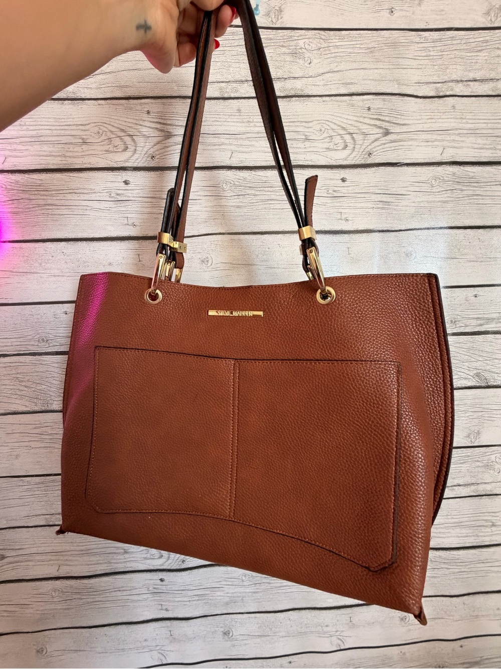 Steve Madden Brown Pebbled Tote with Gold Hardware